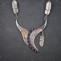 Navajo Sugilite Feather Necklace Wilbert Vandever Sterling Silver and 14K Yellow Gold
