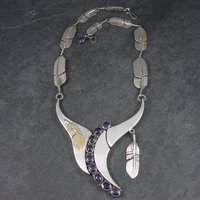 Navajo Sugilite Feather Necklace Wilbert Vandever Sterling Silver and 14K Yellow Gold