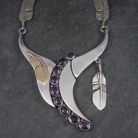 Navajo Sugilite Feather Necklace Wilbert Vandever Sterling Silver and 14K Yellow Gold