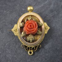 Antique Victorian 14K Coral Rose Brooch Pendant