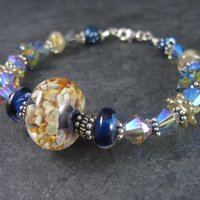Handmade Blue Lampwork Art Glass Bead Bracelet 8 Inches