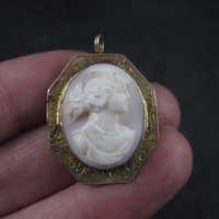 Antique 10K Carved Pink Cameo Brooch Pendant
