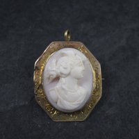 Antique 10K Carved Pink Cameo Brooch Pendant