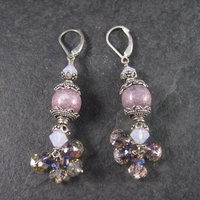 Long Sterling Pink and Purple Art Glass Earrings