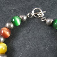 Chunky Vintage Sterling Cats Eye Bead Toggle Bracelet 7.5 Inches