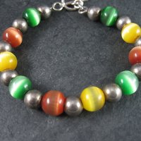 Chunky Vintage Sterling Cats Eye Bead Toggle Bracelet 7.5 Inches