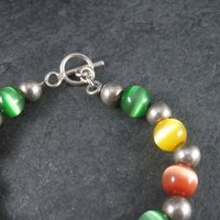 Chunky Vintage Sterling Cats Eye Bead Toggle Bracelet 7.5 Inches