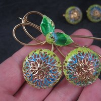 Vintage Prestige Enamel Brooch Clip On Earrings Jewelry Set in Box