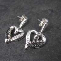 Vintage 90s Sterling Black and White Diamond Heart Pendant Necklace and Earrings Jewelry Set