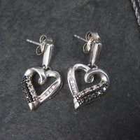 Vintage 90s Sterling Black and White Diamond Heart Pendant Necklace and Earrings Jewelry Set