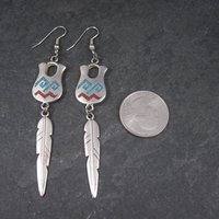 Vintage Southwestern Sterling Turquoise Coral Pot Feather Earrings