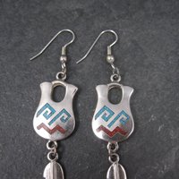 Vintage Southwestern Sterling Turquoise Coral Pot Feather Earrings