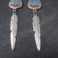 Vintage Southwestern Sterling Turquoise Coral Pot Feather Earrings