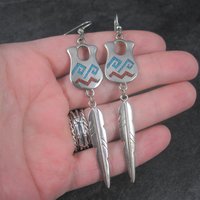 Vintage Southwestern Sterling Turquoise Coral Pot Feather Earrings