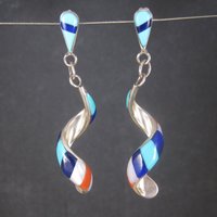 Vintage Southwestern Sterling Red White Blue Inlay Earrings