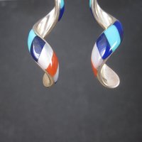 Vintage Southwestern Sterling Red White Blue Inlay Earrings