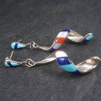 Vintage Southwestern Sterling Red White Blue Inlay Earrings