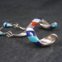 Vintage Southwestern Sterling Red White Blue Inlay Earrings