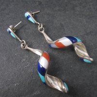 Vintage Southwestern Sterling Red White Blue Inlay Earrings