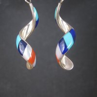Vintage Southwestern Sterling Red White Blue Inlay Earrings