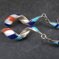 Vintage Southwestern Sterling Red White Blue Inlay Earrings