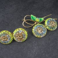 Vintage Prestige Enamel Brooch Clip On Earrings Jewelry Set in Box