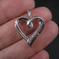 Vintage 90s Sterling Black and White Diamond Heart Pendant Necklace and Earrings Jewelry Set