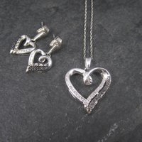 Vintage 90s Sterling Black and White Diamond Heart Pendant Necklace and Earrings Jewelry Set