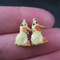 Cartoon Duck Earrings Vintage Estate Gold Filled Enamel