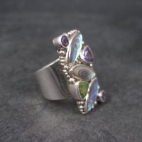 Vintage Sajen Sterling Abalone Amethyst Peridot Ring Size 7
