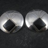Large Round Vintage Sterling Navajo Onyx Earrings