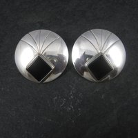 Large Round Vintage Sterling Navajo Onyx Earrings