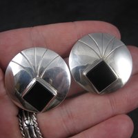Large Round Vintage Sterling Navajo Onyx Earrings