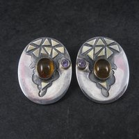 Large Vintage Sterling Amber Amethyst Earrings Michou