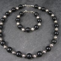 Vintage Black Sterling Bead Necklace and Bracelet Set