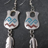 Vintage Southwestern Sterling Turquoise Coral Pot Feather Earrings