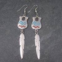Vintage Southwestern Sterling Turquoise Coral Pot Feather Earrings