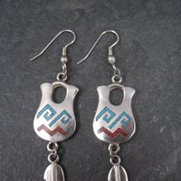 Vintage Southwestern Sterling Turquoise Coral Pot Feather Earrings