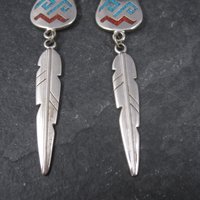 Vintage Southwestern Sterling Turquoise Coral Pot Feather Earrings
