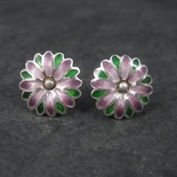 Vintage 980 Sterling Purple Enamel Flower Earrings