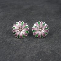 Vintage 980 Sterling Purple Enamel Flower Earrings