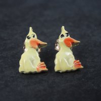 Cartoon Duck Earrings Vintage Estate Gold Filled Enamel