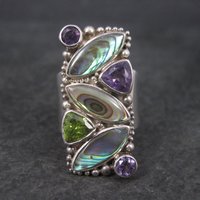 Vintage Sajen Sterling Abalone Amethyst Peridot Ring Size 7