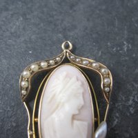 Antique 10K Seed Pearl Cameo Pendant