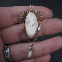 Antique 10K Seed Pearl Cameo Pendant