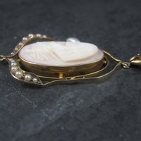 Antique 10K Seed Pearl Cameo Pendant
