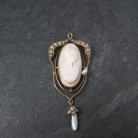 Antique 10K Seed Pearl Cameo Pendant