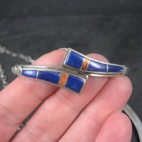 Vintage Southwestern Lapis Coral Inlay Jewelry Set Necklace Cuff Bracelet and Earrings