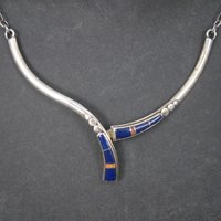 Vintage Southwestern Lapis Coral Inlay Jewelry Set Necklace Cuff Bracelet and Earrings