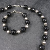 Vintage Black Sterling Bead Necklace and Bracelet Set
